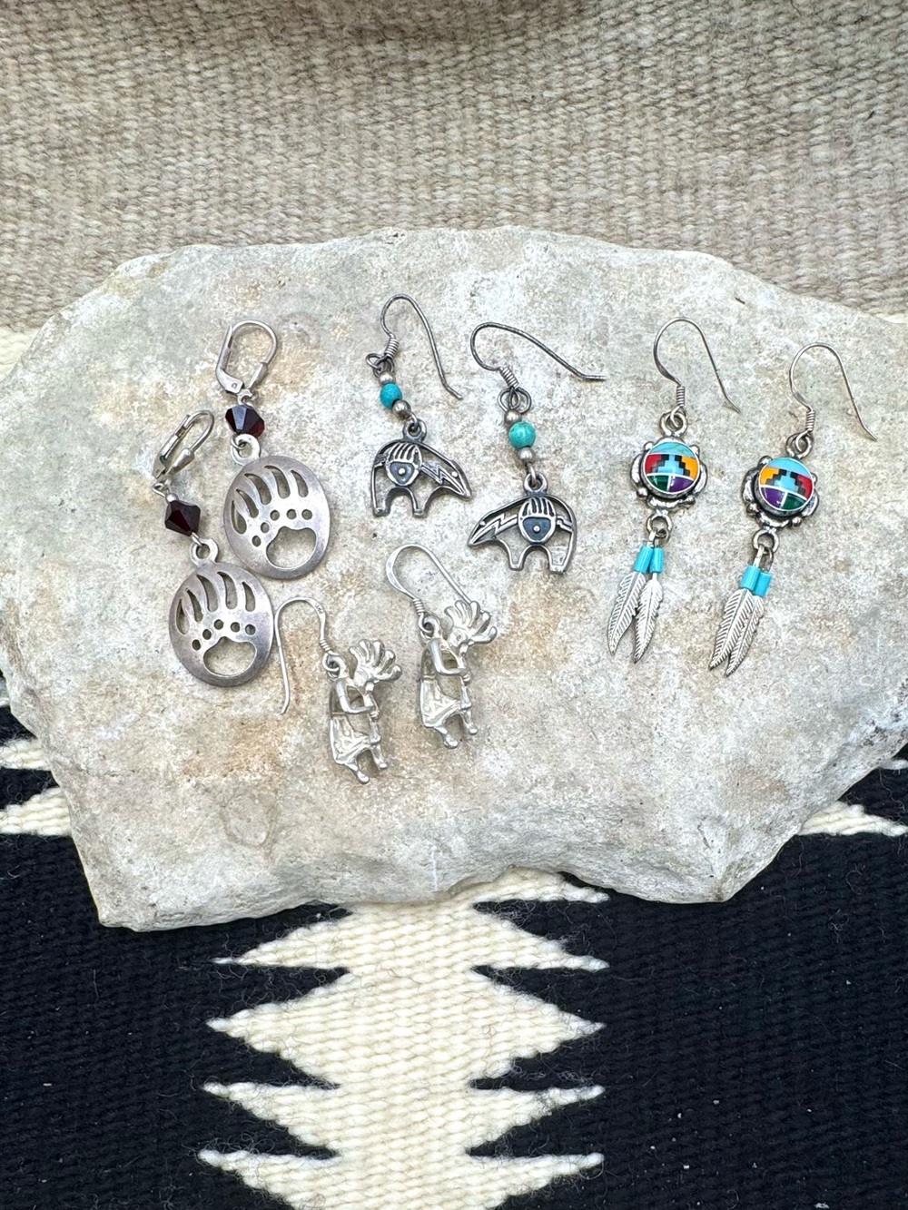 Southwest Sterling Silver Multi Stone Feather Bear Kokopelli Dangle Earrings